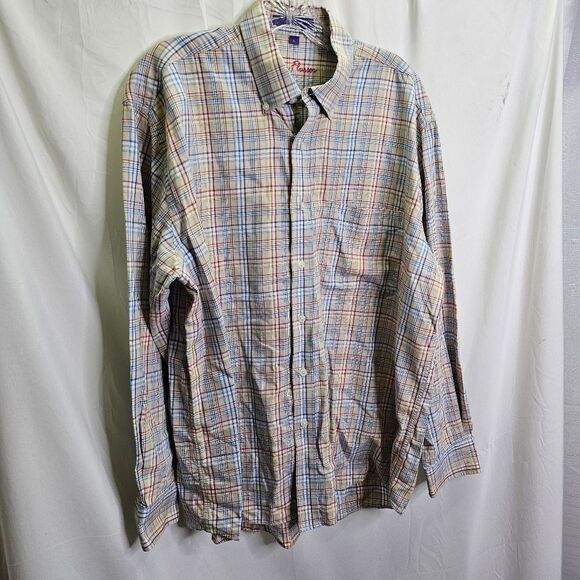 Alan Flusser Tan Plaid Long Sleeve Button Down Shirt Size Large - Picture 3 of 9